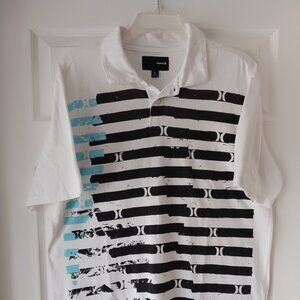 Hurly Mens Short Sleeve Polo Shirt White Black Graphic Size Large 100% Cotton
